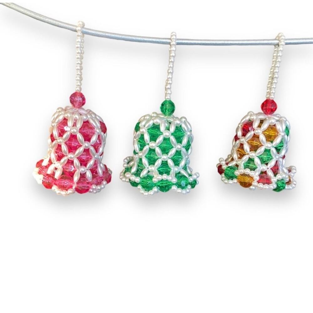 Vintage Hand beaded Christmas Bell Ornaments Multicolor Set of 3 Handmade
